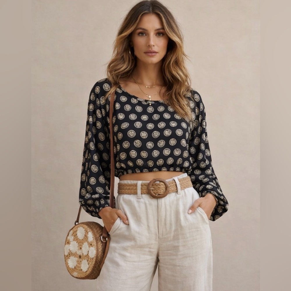 Nicole Miller Black and White Abstract Cropped Balloon Sleeve Blouse~Size Large